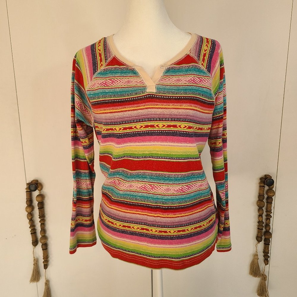 Chaps Sport Bright Southwestern Striped Split Neck Tee Shirt